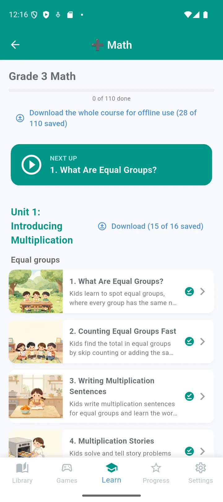 Math course with offline download buttons