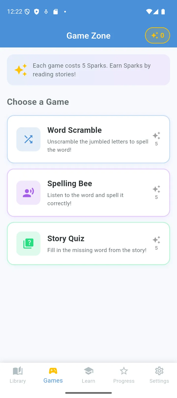 Game Zone with Word Scramble, Spelling Bee and Story Quiz