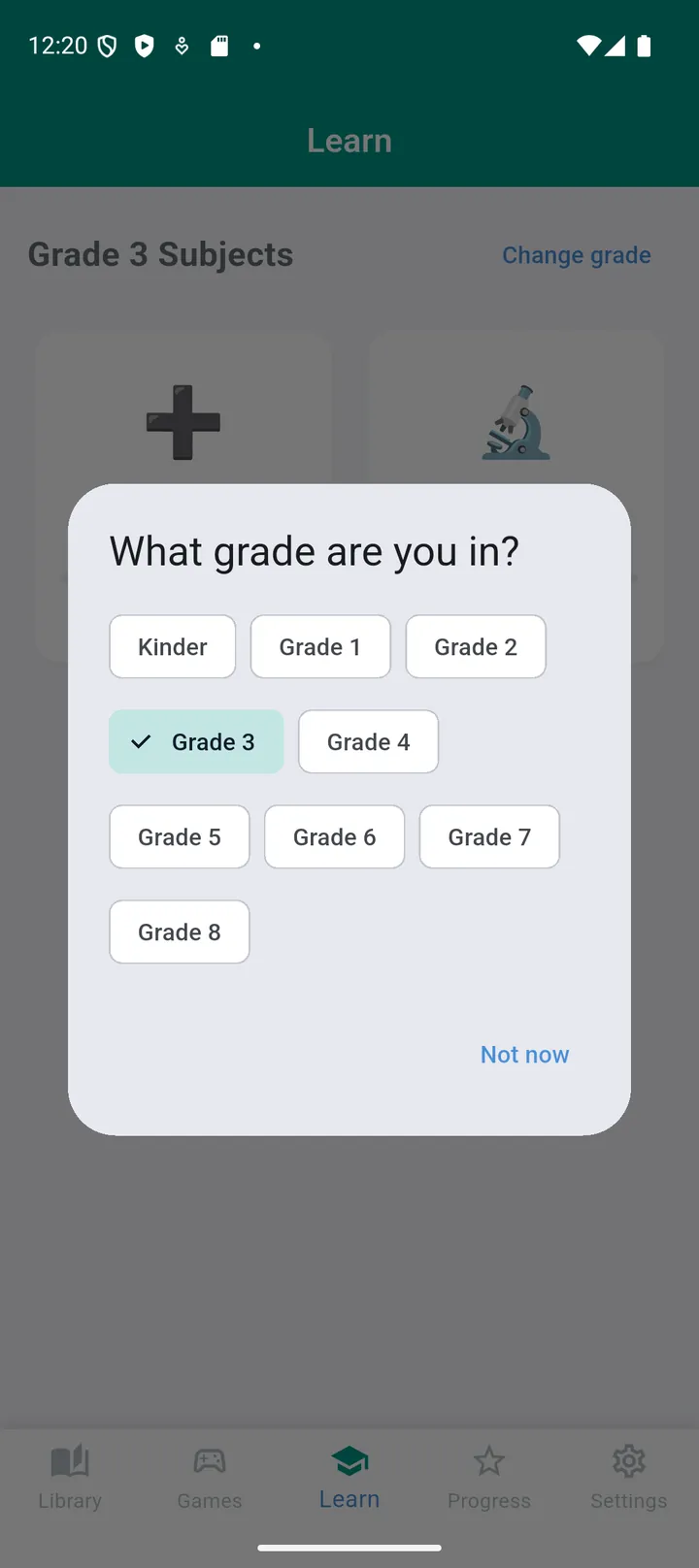 Grade picker from Kindergarten to Grade 8