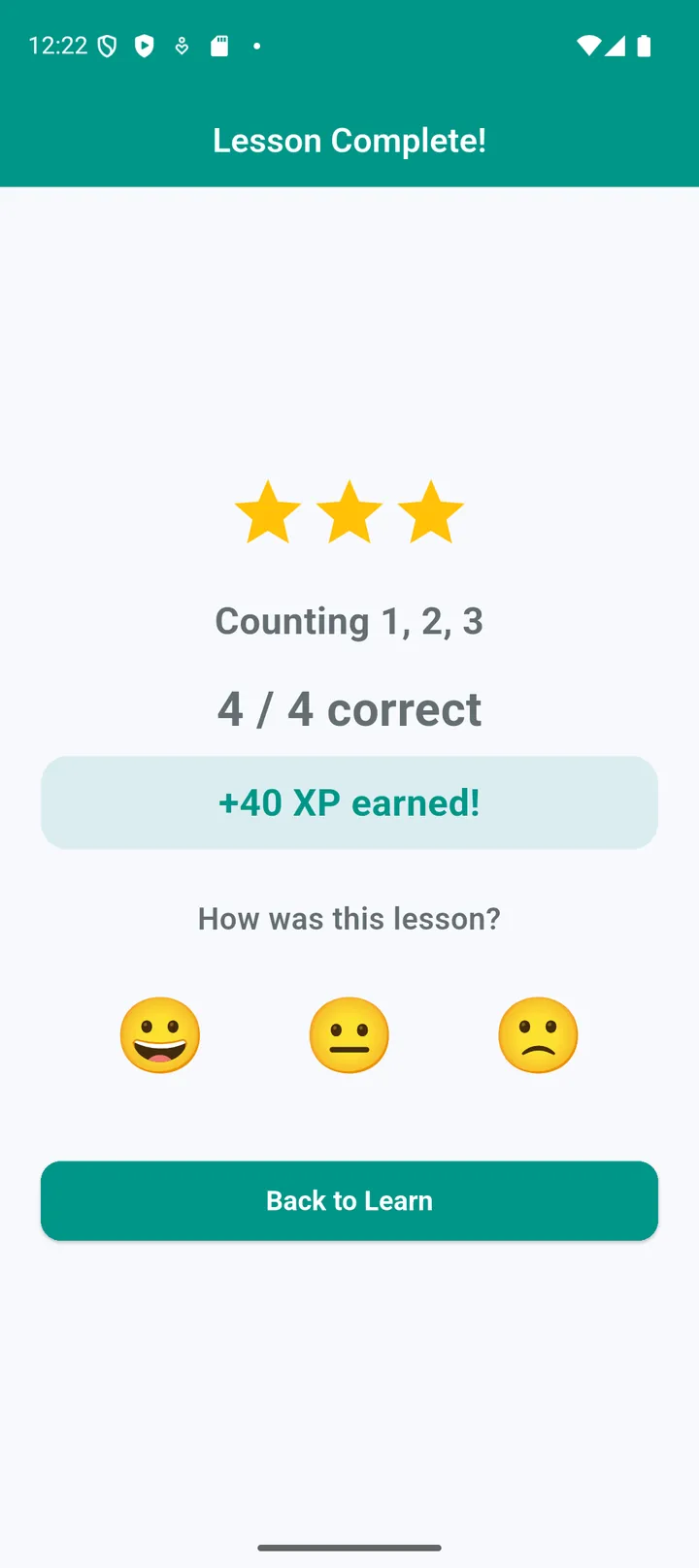 Lesson complete with three stars and XP